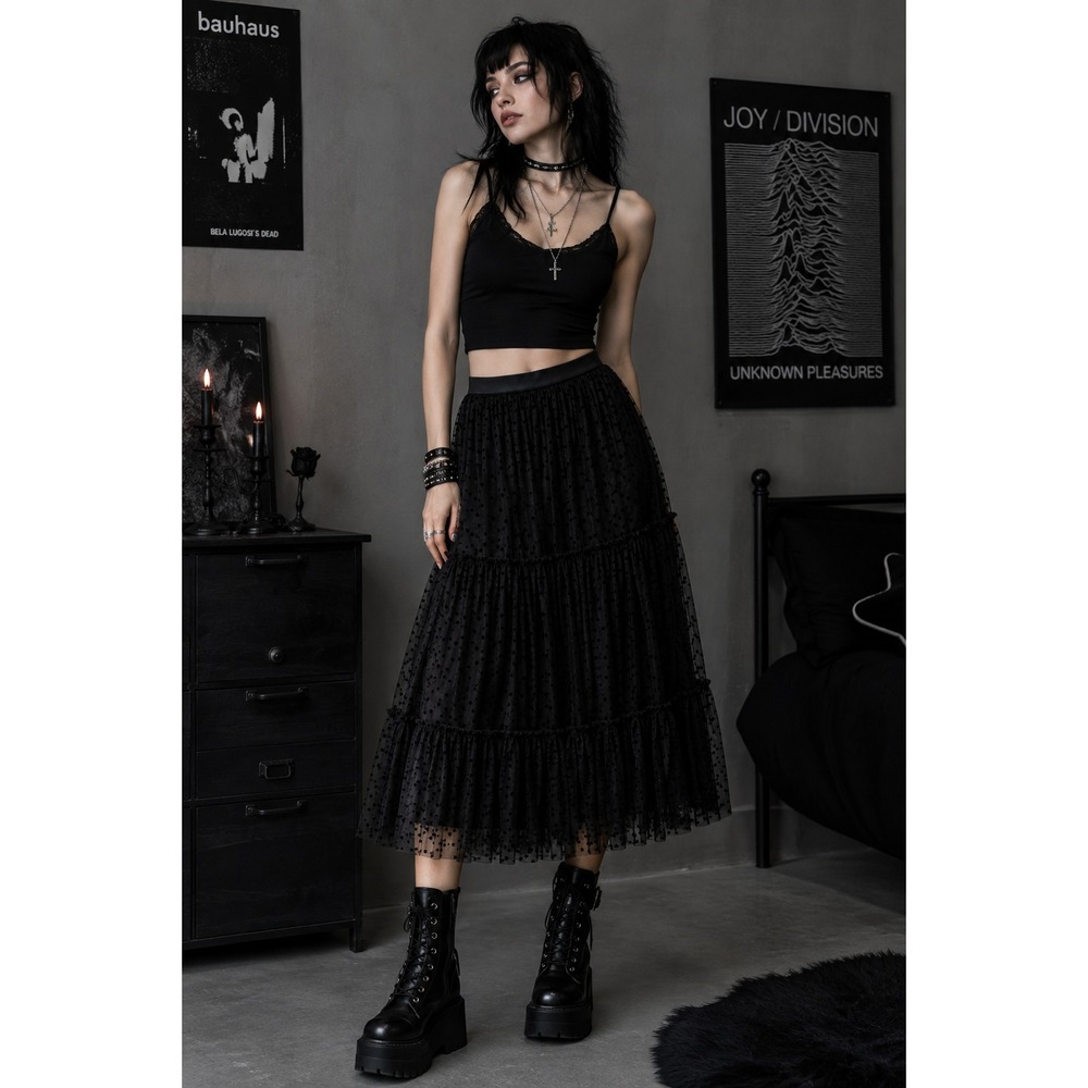Amber Sky XL Black Polka Dot Tulle Maxi Skirt Tiered Sheer Romantic Goth Emo